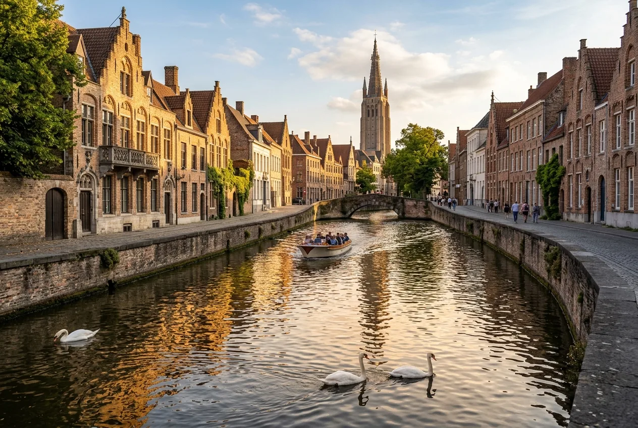 Canais e arquitetura medieval de Bruges, na Bélgica